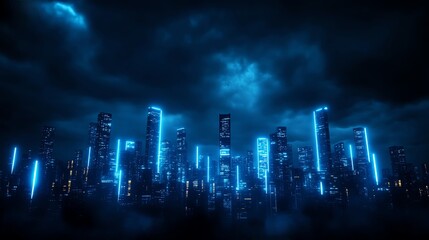 Fototapeta premium Create futuristic cityscape with glowing skyscrapers under a stormy sky.