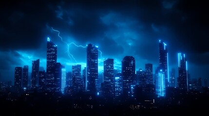 Fototapeta premium Image of Lightning strikes illuminate a city skyline at night.