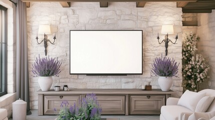 A cozy living room with a flat-screen TV on a wooden stand, surrounded by greenery and warm, natural tones.