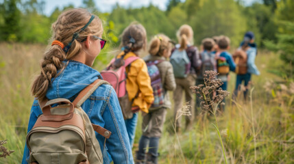 School children exploring nature on a field trip