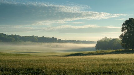 Obraz premium Serene Morning Bliss: Misty Sky and Soft Clouds Embracing Nature's Tranquility