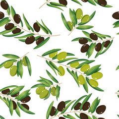 Green black olive tree branches seamless pattern