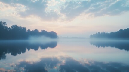 Fototapeta premium Serene Morning Bliss: Misty Sky and Soft Clouds Over peaceful Landscape