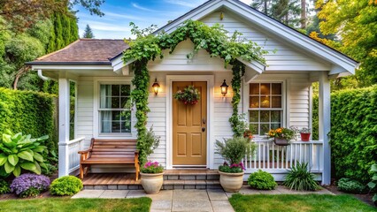 Fototapeta premium Charming small house with a bright white facade, wooden door, and lush greenery surrounding a inviting front porch with a rustic wooden bench.