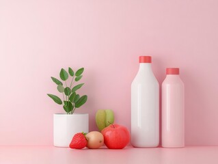 Stylish arrangement of bottles, fruit, and greenery against a soft pink background, perfect for wellness and lifestyle themes.