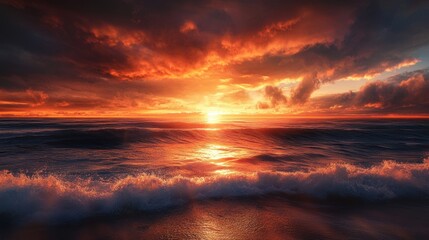 Majestic Orange Sunset Sky over Ocean Horizon - Ambient Sea Landscape with Vibrant Clouds in Twilight Panorama