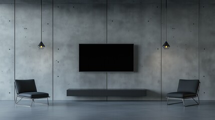 A modern industrial living room with a TV mounted on a concrete wall, featuring sleek furniture and minimalist decor.