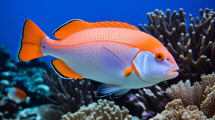 bright fish underwater against the backdrop of a coral reef
