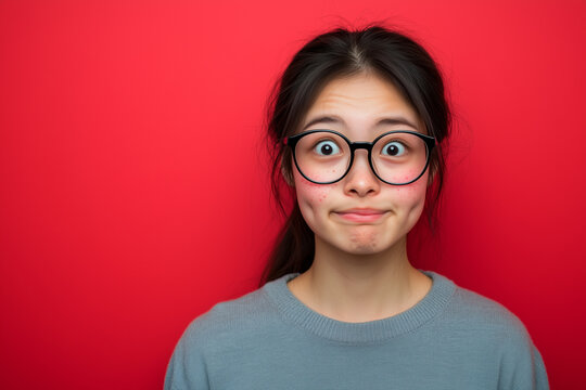 Cute Asian geek teen girl with round lens glasses and black hair in a ponytail. Red background. 