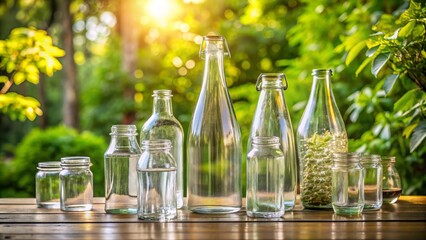 Clear glass drinking bottles with various shapes and sizes standing on a rustic wooden table against a blurred natural outdoor background with soft lighting.