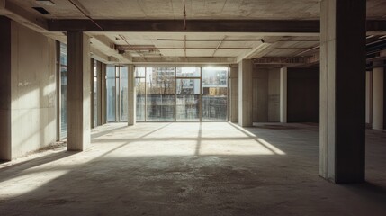 An empty, unfinished commercial space with bare concrete floors, exposed columns, and natural light coming through large windows overlooking other buildings.