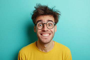 young nerd teen with funny smile and expression. Messy hair. Yellow shirt and blue background. 