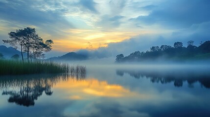 Obraz premium Serene Morning Bliss: Misty Sky and Soft Clouds Over Landscape