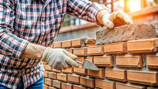 Closer view of a mason's hands holding trowel and laying bricks in a staggered pattern, with mortar and tools in the background.