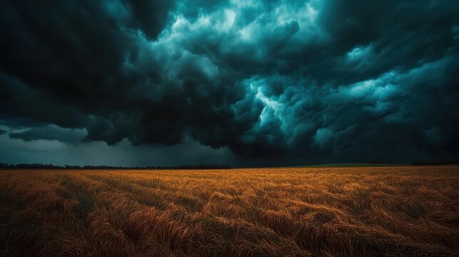 Majestic Storm Clouds Casting Shadows Over Rural Field - Moody Weather Landscape with Dark Clouds and Sunlight Breaking Through
