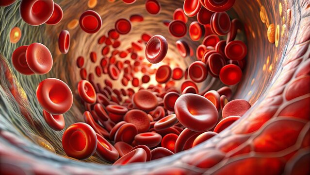 Close-up of a blood clot or thrombus forming in a vein, with red blood cells and platelets accumulating, illustrating a potentially life-threatening condition.