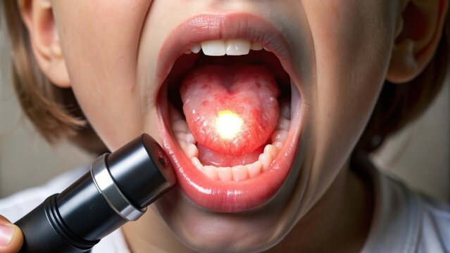 Close-up of a child's mouth with inflamed and infected tonsils, exhibiting redness, swelling, and white patches, illuminated by a flashlight during a medical examination.