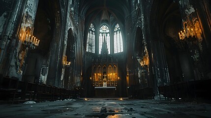 Dramatic Gothic Cathedral Interior with Somber Reverence and Mortality Concept