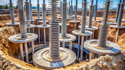 Close-up of a helical pier foundation system, with spiral-shaped steel piers anchored deep into the earth, providing stability and support for a structure.