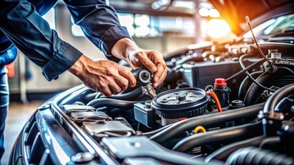 Obraz premium Close-up of a mechanic's hand adjusting a car's engine, surrounded by tools and gauges, with a blurred workshop background, highlighting automotive performance tuning.