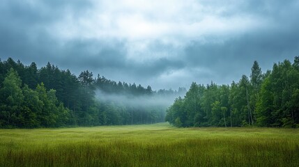 Fototapeta premium Serene Morning Mist Blanketing Lush Forest Canopy - Nature's Peaceful Embrace