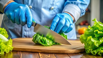 Close-up of a pair of blue gloves holding a sharp chef's knife, delicately slicing through a fresh, crispy head of lettuce on a wooden cutting board.