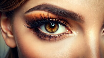 Fototapeta premium Close-up of a pair of luscious, long, and curled eyelashes adorned with subtle mascara, framing a bright and radiant brown eye with a gentle gaze.