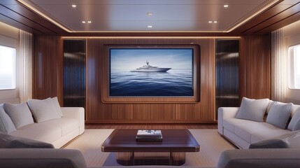 A modern living room with a large flat-screen TV, showcasing sleek furniture and a view of a luxury yacht.