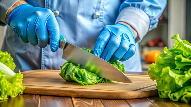 Close-up of a pair of blue gloves holding a sharp chef's knife, delicately slicing through a fresh, crispy head of lettuce on a wooden cutting board. - Powered by Adobe