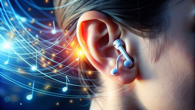 Close-up of a person's ear with an earbud, surrounded by music notes and abstract sound waves, conveying a sense of harmony and auditory delight.
