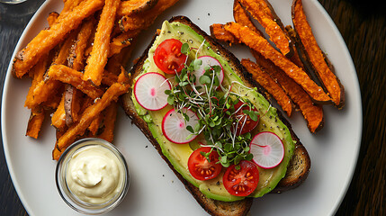 A plate of sweet potato fries and an open-faced sandwich topped with sliced avocado, cherry tomatoes, radish slices, and sprouts