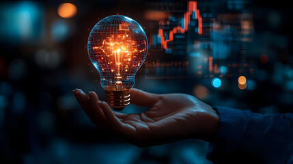 A glowing light bulb symbolizes innovation and creativity, set against a backdrop of financial graphs and data analysis.