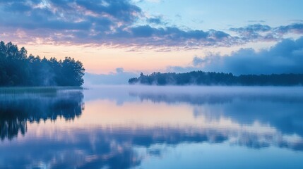 Fototapeta premium Serene Morning by the Foggy Lake