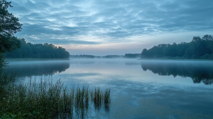 Fototapeta premium Serene Morning Tranquility: Misty Sky and Clouds Reflecting on Lake