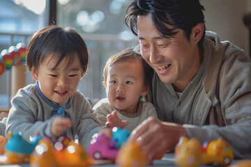Fototapeta premium A father happily teaches his children to play with toys inside the house.