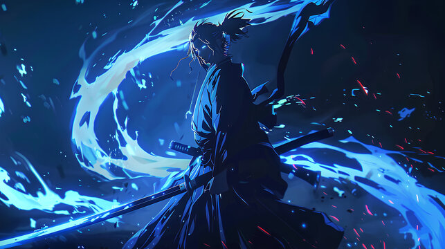 samurai anime character with blue background