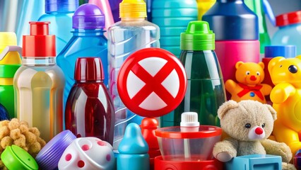 Close-up of a variety of plastic bottles, toys, and personal care products with a red "X" symbol overlaid, highlighting the presence of phthalates.