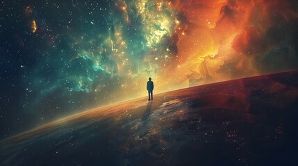 Lone figure standing at the edge of the universe contemplating existence and mortality