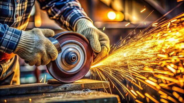 Close-up of aworker's gloved hand holding a flap disc grinder, showering sparks as it abrades a rusty metal surface in a workshop setting.