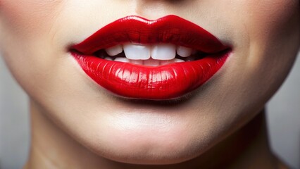 Obraz premium Close-up of bold, red lips with a subtle, natural curve, slightly parted to reveal a glimpse of white teeth, against a soft, blurred background.