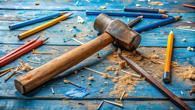 Close-up of a worn wooden hammer lying across a crumpled blue sketch paper, surrounded by scattered pencils and eraser crumbs, on a cluttered workshop table.
