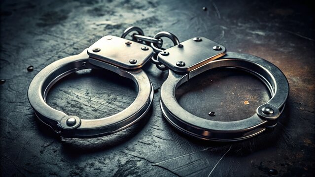 Close-up of metal handcuffs lying open on a dark gritty surface, conveying a sense of criminal activity, law enforcement, and forensic investigation.