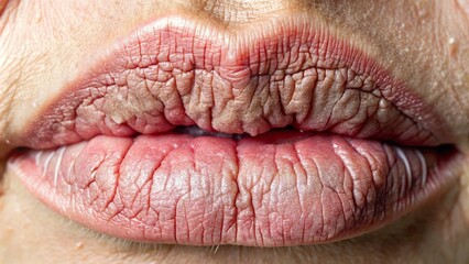 Obraz premium Close-up of severely dehydrated, cracked, and flaky lips with visible lines, ridges, and peeling skin, conveying dryness and discomfort.