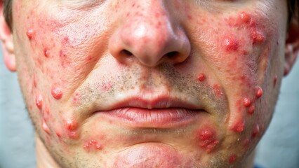 Obraz premium Close-up of severely irritated, red, and swollen skin with visible rash, bumps, and pus-filled acne, illustrating intense inflammation and skin irritation.