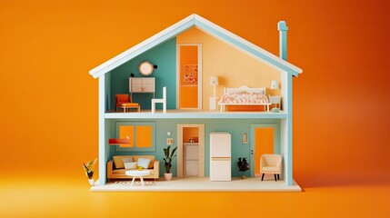 A small dollhouse with pastel colors on an orange background, with tiny furniture.
