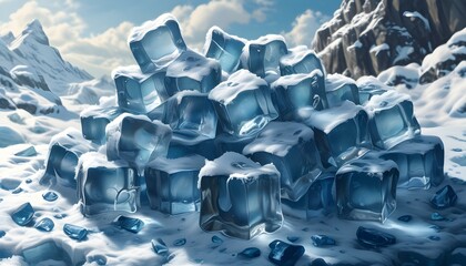 Ice cubes are stacked on the snow, surrounded by magnificent mountains and beautiful blue skies.