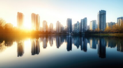Fototapeta premium A cityscape with high and low buildings arranged along a riverside, their reflections creating a mirror-like effect in the water. The sky above is bright and clear, enhancing the scene