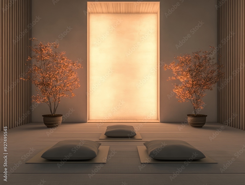 Poster Minimalist zen room with three cushions and two potted trees in front of a bright window.