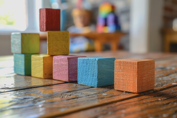 Colorful wooden toy blocks are on a wooden table in the room where children are playing.