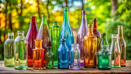 Colorful array of empty glass drinking bottles in various shapes and sizes, arranged artfully on a rustic wooden table against a blurred natural background.